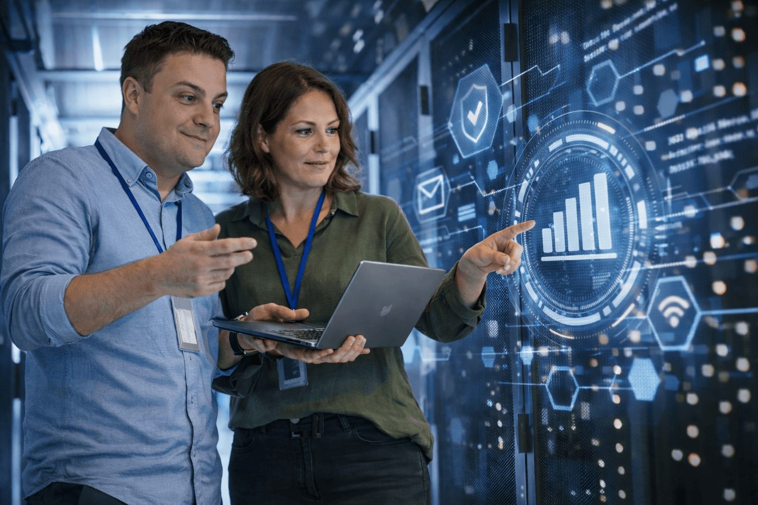 Twee IT-specialisten bekijken monitoringdata bij een serverrack