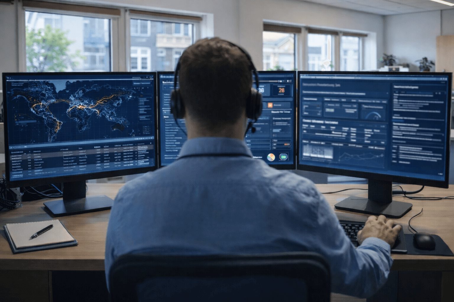 Securityspecialist met headset achter drie schermen met dashboards