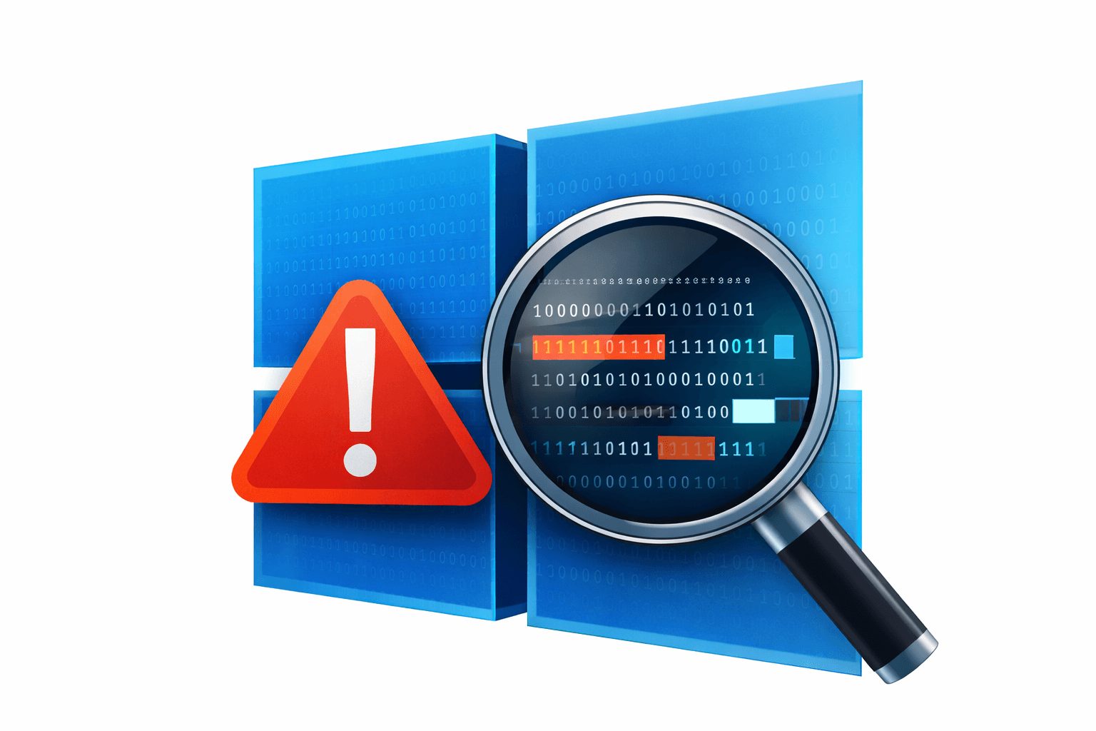 Illustratie: vergrootglas over Windows-code met een waarschuwingsteken